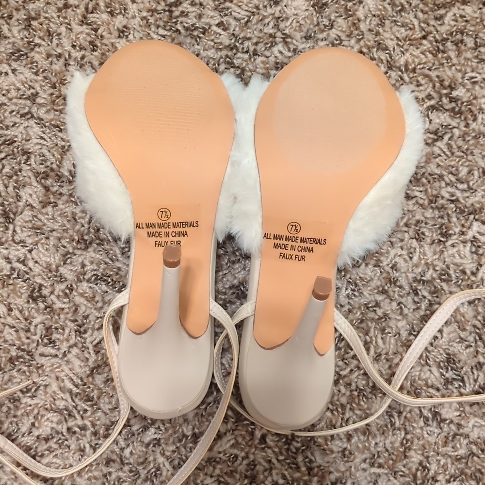 Lulu's Reluca ivory faux fur ankle strap high heel sandals - Picture 10 of 12
